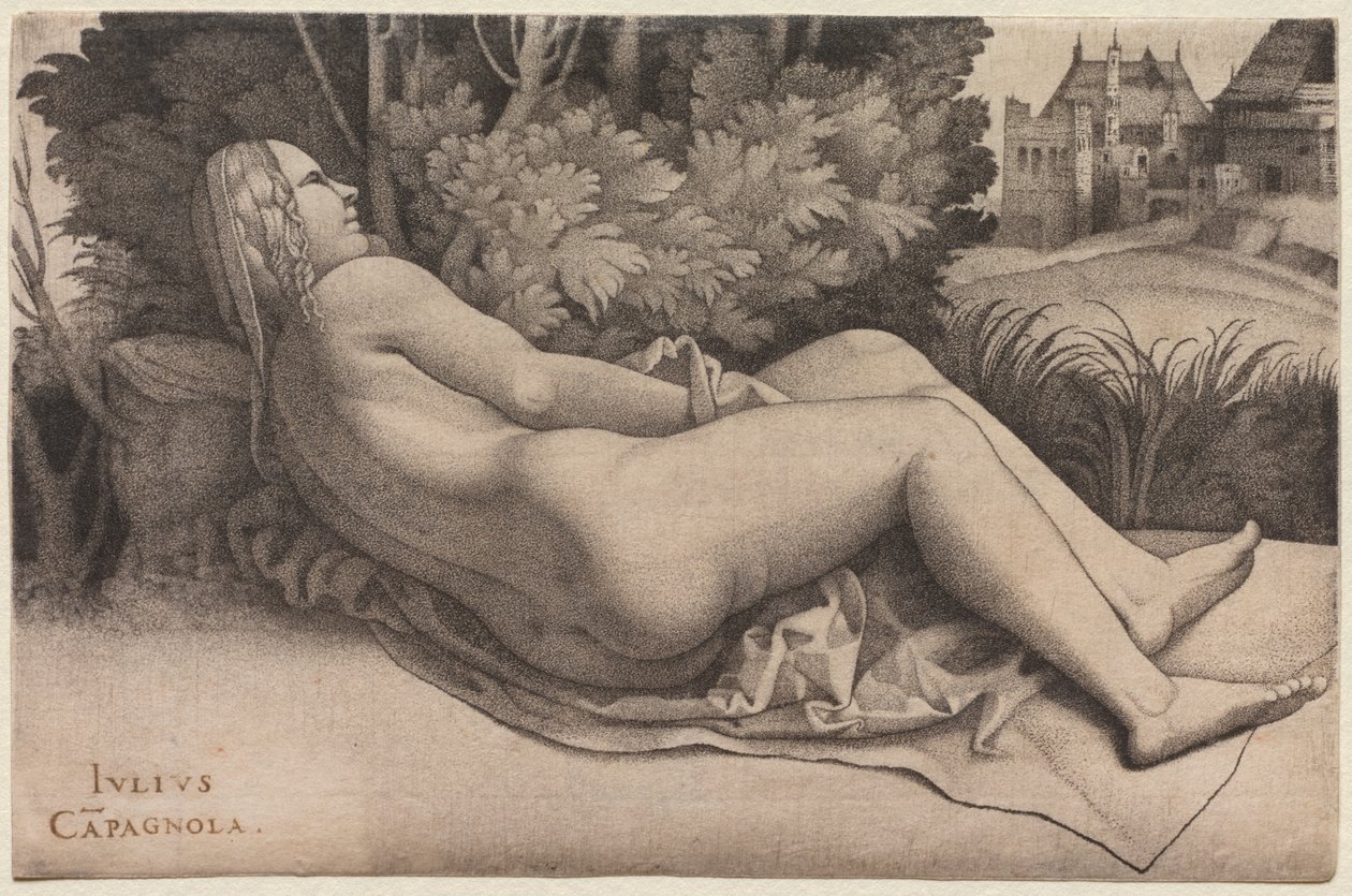 Venus liggande i ett landskap av Giulio Campagnola