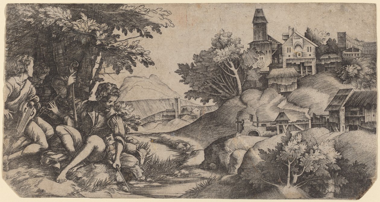 Herdar i ett landskap av Giulio Campagnola and Domenico Campagnola