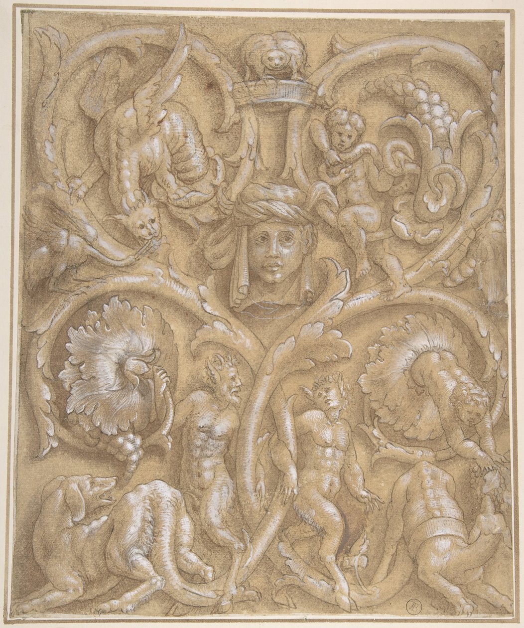 Design för en prydnadspanel med Rinceaux, Satyrs, Putti, Monsters and a Human Head, 1535-45. av Giulio Campi.