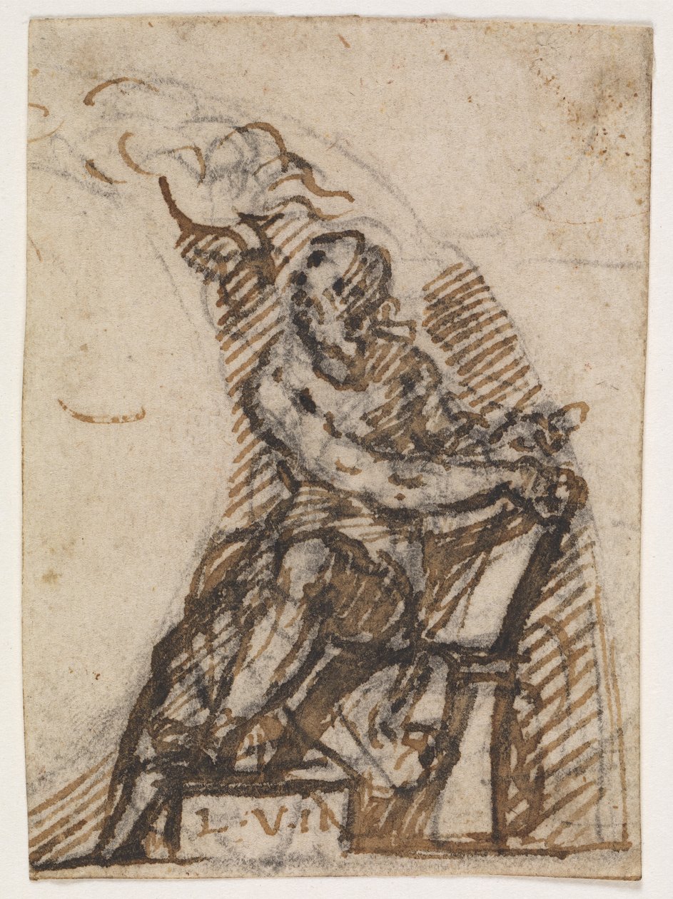 Sittande man med skrivplatta(?). Arkitektur detalj av Giulio Campi