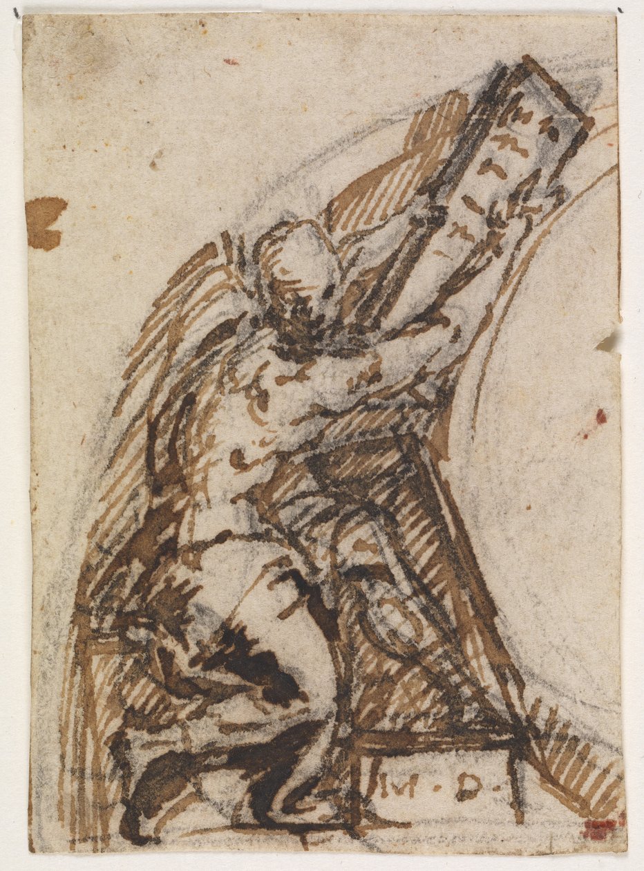 Sittande man med skrivplatta(?). Arkitektur detalj av Giulio Campi