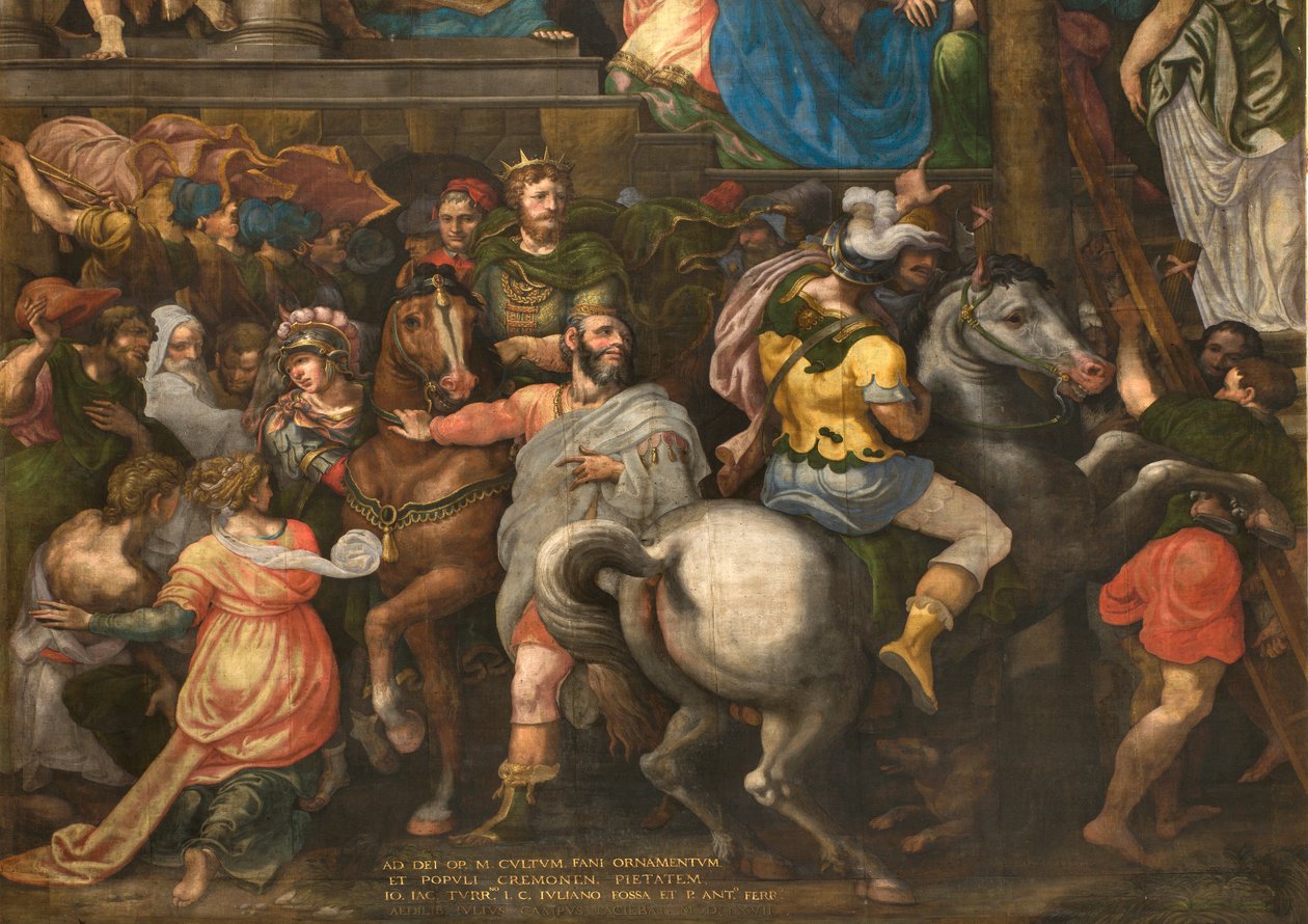 Vägg mittemot motfasaden av södra tvärskeppet, Giuseppe Campi, Triumph of Mordecai 1567, Detalj nedre delen av Giulio Campi