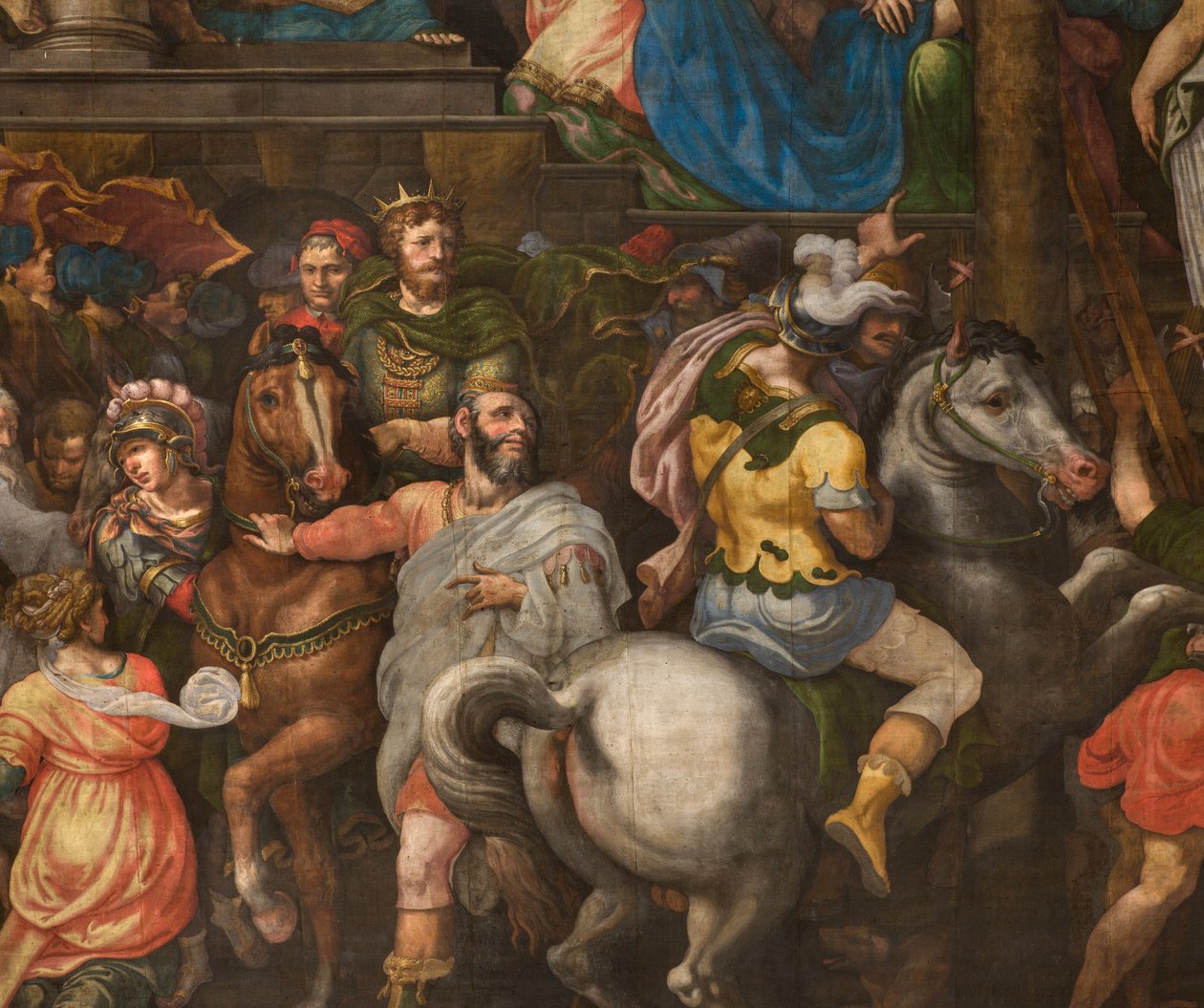Vägg mittemot motfasaden av södra tvärskeppet, Giuseppe Campi, Triumph of Mordecai 1567, Detalj nedre delen av Giulio Campi