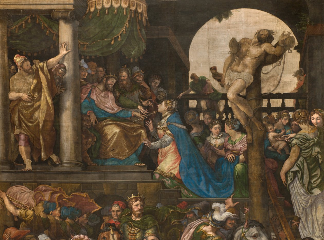 Vägg mittemot motfasaden på södra tvärskeppet, Giuseppe Campi, Triumph of Mordecai 1567, Detalj hög del av Giulio Campi