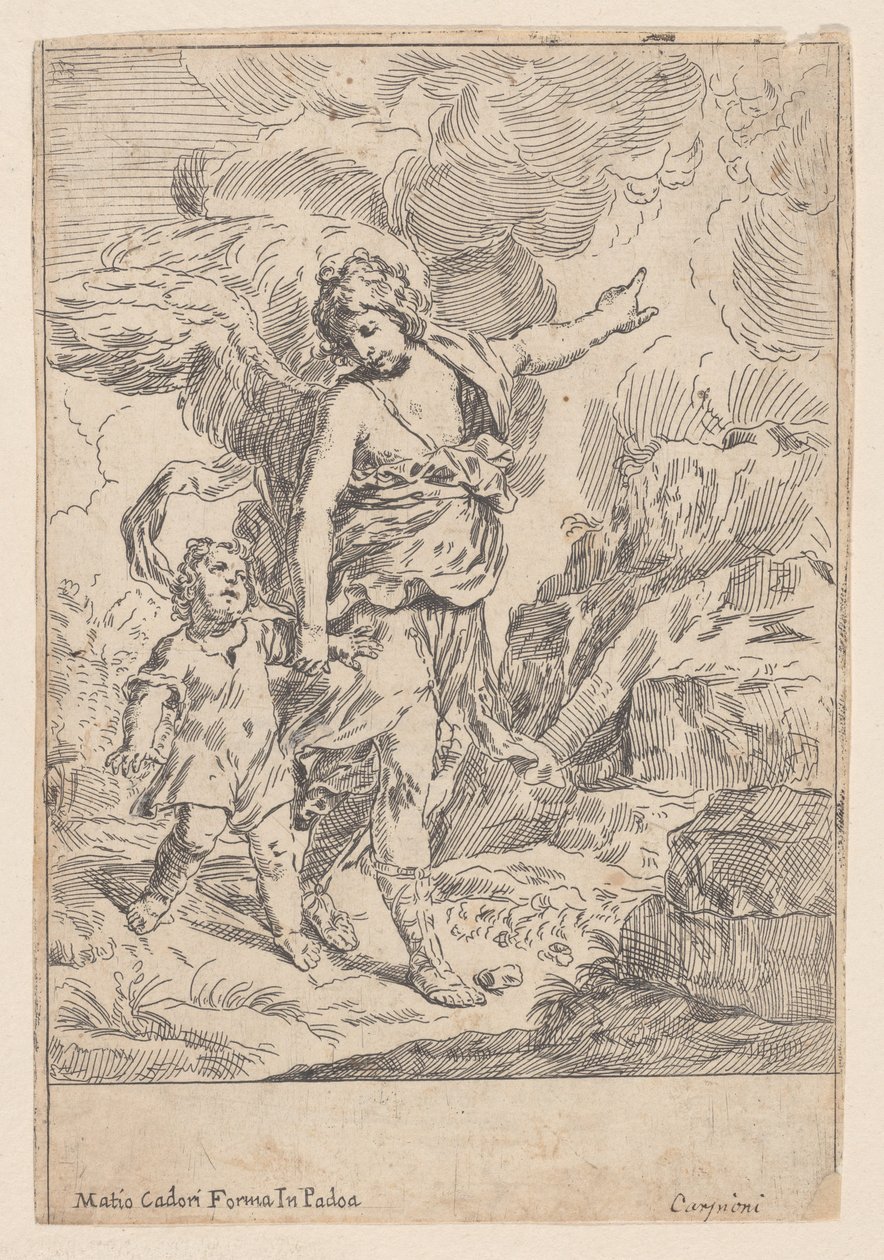 En skyddsängel som går hand i hand med ett litet barn, 1640-60. av Giulio Carpioni