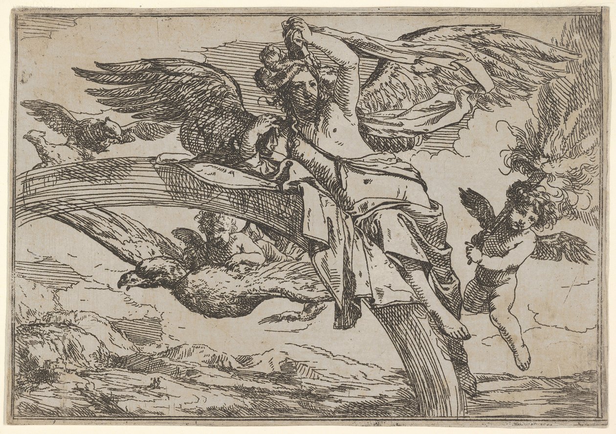 Air, representerad av Iris lutad på sin regnbåge, åtföljd av en bevingad putto-björn..., 1640-60. av Giulio Carpioni