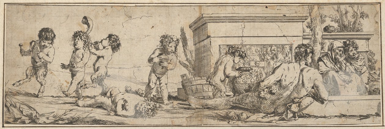 Bacchanal med spädbarnssatyrer och putti till vänster, en naken mansfigur lutar sig framför o..., 1633-78. av Giulio Carpioni