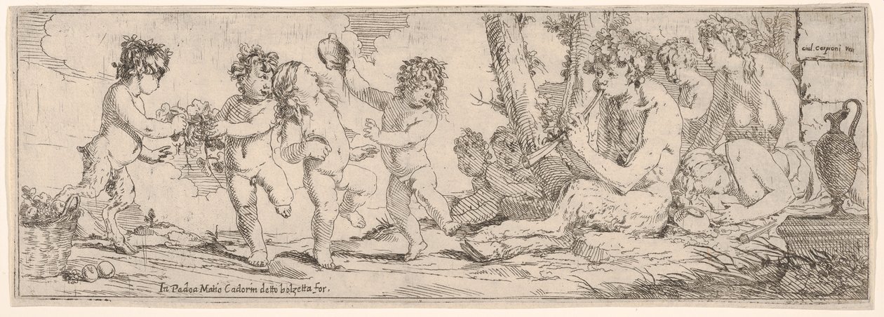 Bacchanal med satyr som spelar en lut och omgiven av fyra gestalter, som ser mot en s..., 1640-60. av Giulio Carpioni