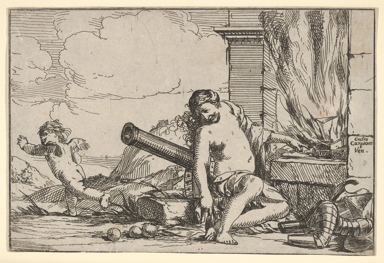 Eld, representerad av Venus sittande framför Vulcans smide, med rustning, en kanon och kanon..., 1640-60. av Giulio Carpioni