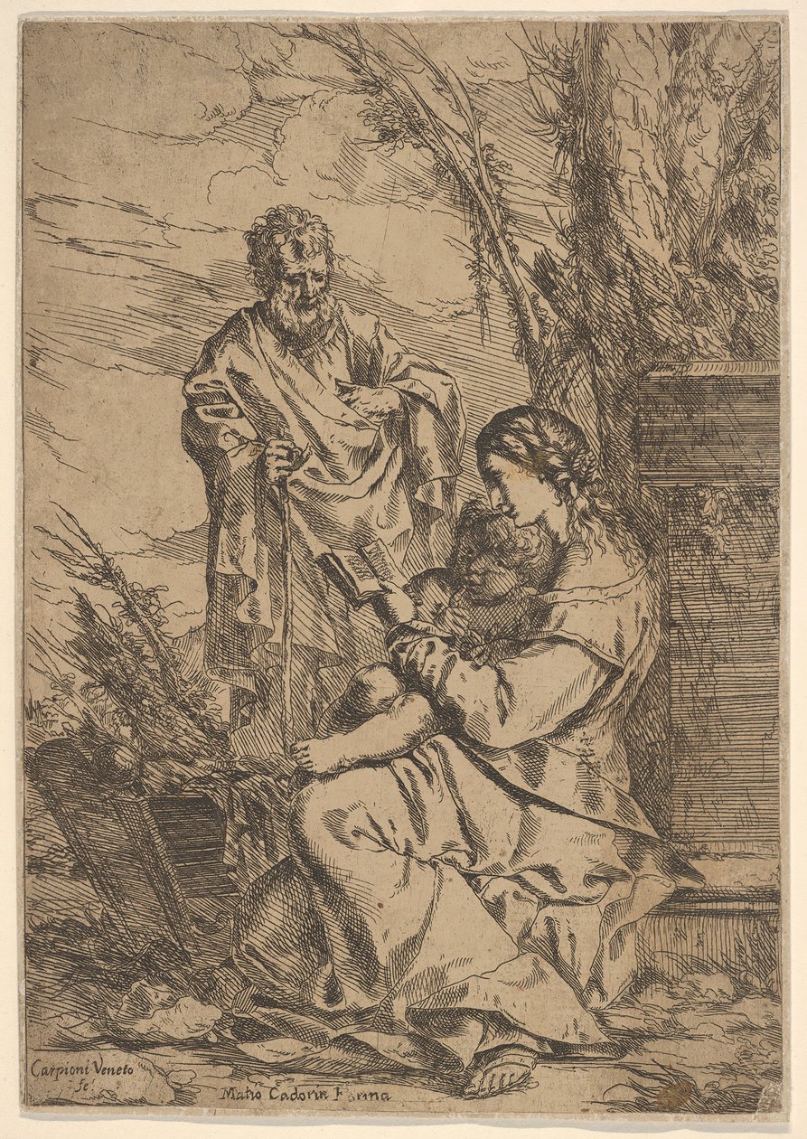 Heliga familjen med Jungfrun läser, Jungfrun sitter i profil med en bok till vänster..., 1640-60. av Giulio Carpioni