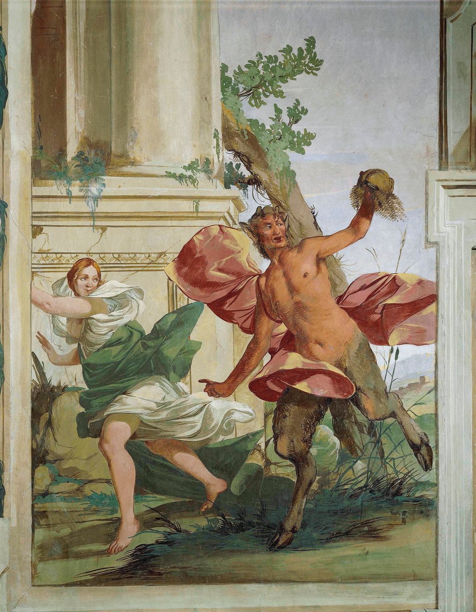 Nymf Korsika jagad av Satyr som drar bort hennes peruk av Giulio Carpioni av Giulio Carpioni