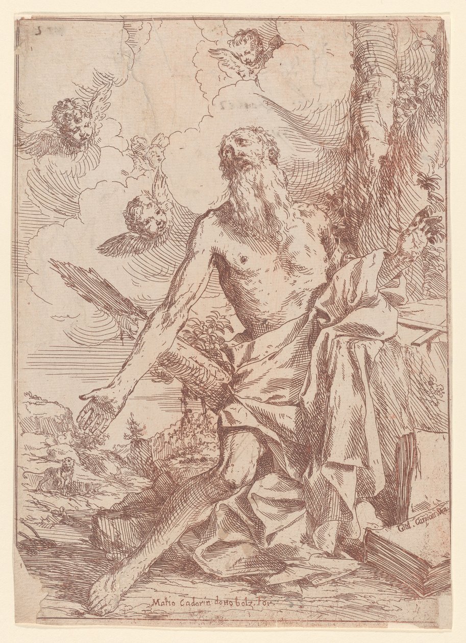 Saint Hieronymus knäböjer bredvid ett träd med armarna utsträckta, 1640-60. av Giulio Carpioni