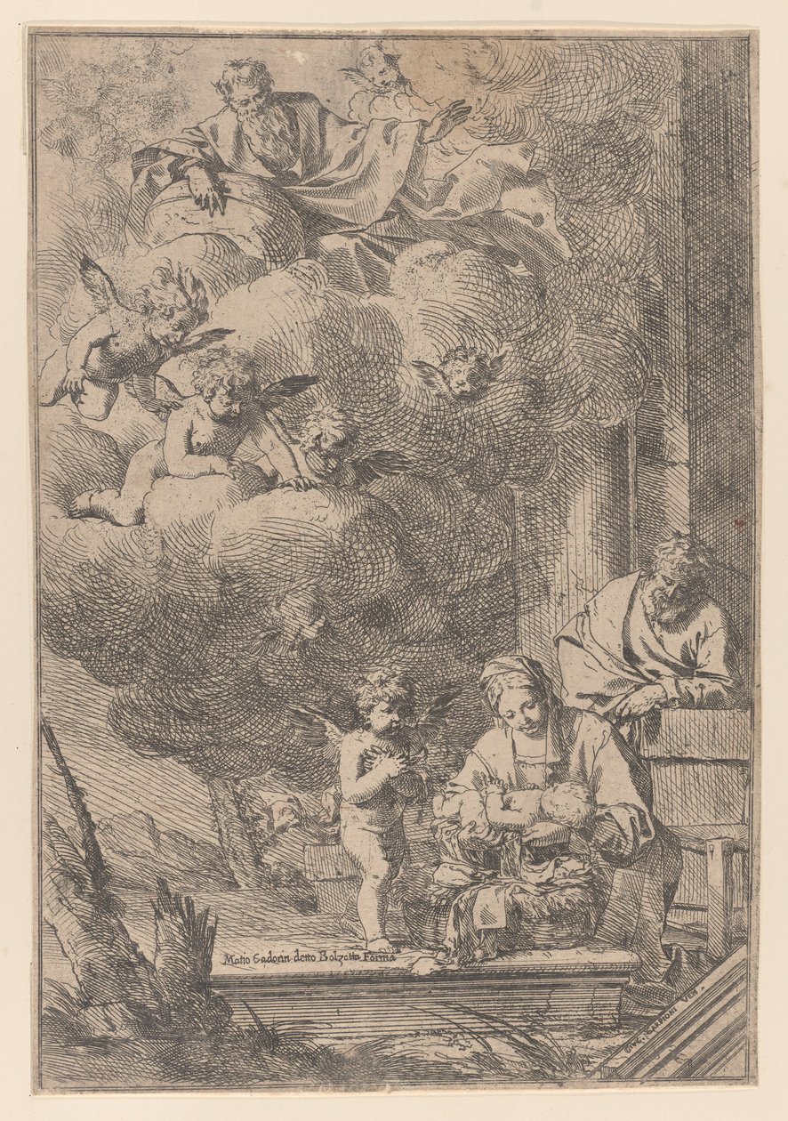 Den heliga familjen med jungfrun som håller Kristus över vaggan, 1640-60., 1640-60. av Giulio Carpioni