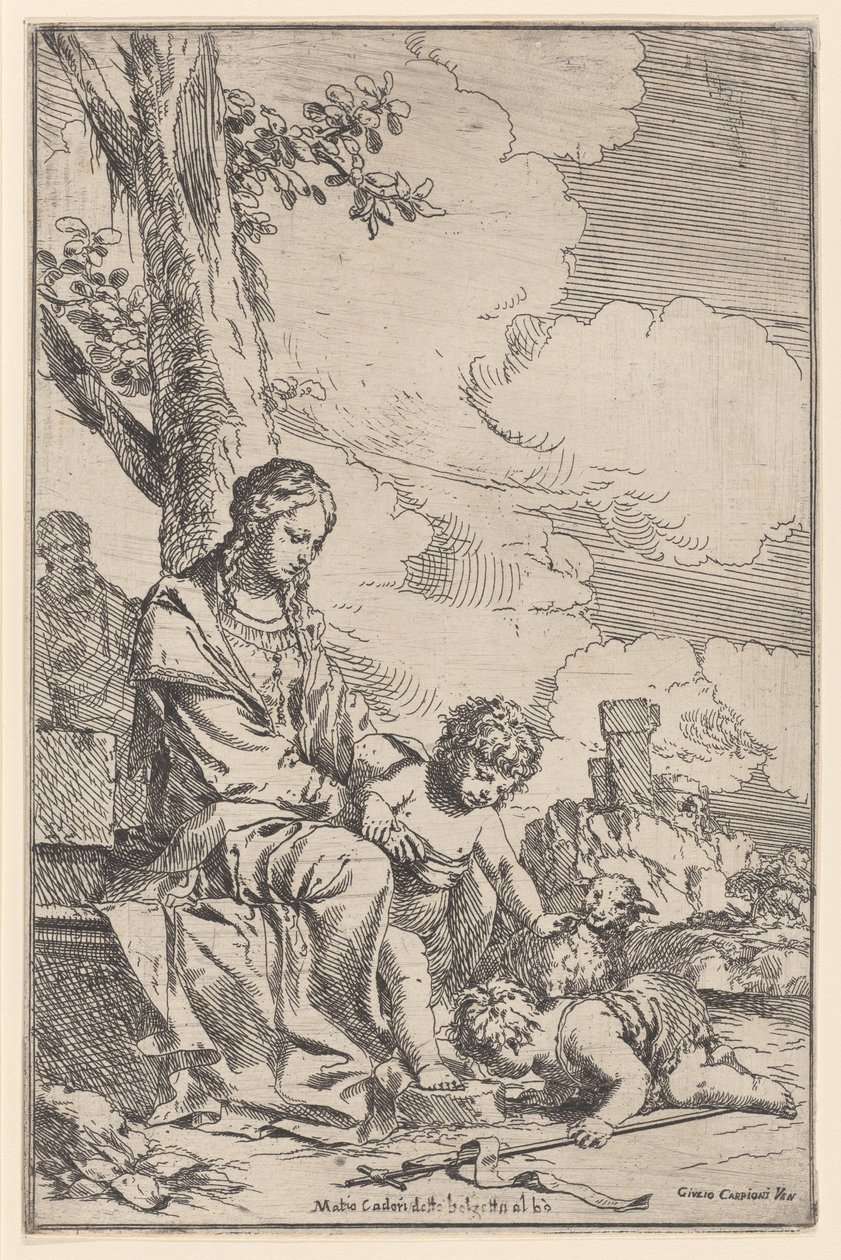 Den heliga familjen med spädbarnet Saint John kysser Kristi fötter, 1640-60. av Giulio Carpioni