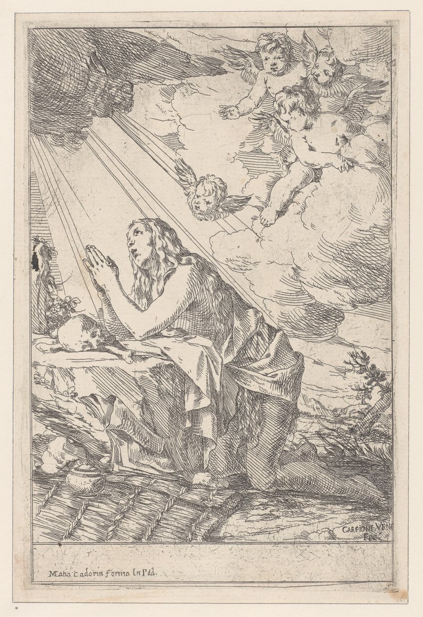Den ångerfulla Sankta Maria Magdalena, knästående inför en skalle och ben, 1640-60. av Giulio Carpioni