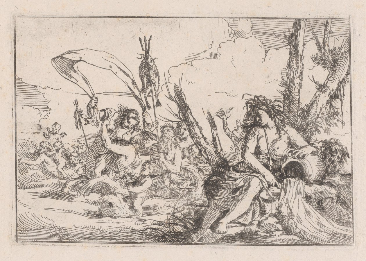 Vatten, representerat av en najad som sitter vid foten av ett träd..., 1640-60. av Giulio Carpioni