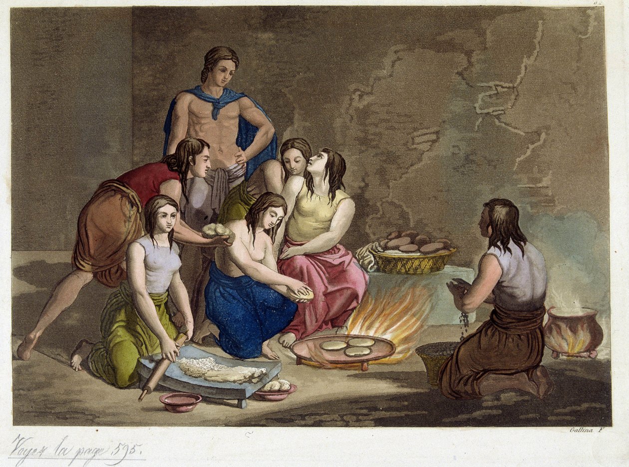 Forntida mexikaner bakar bröd - i ""antik och modern kostym"", av Ferrario, red. Milano av Giulio Ferrario