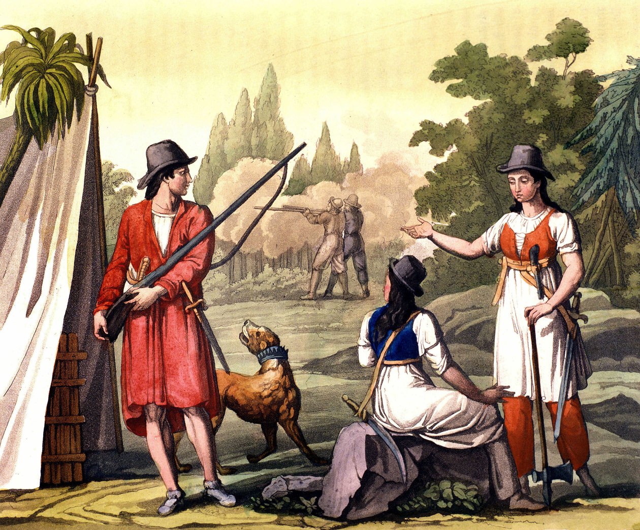 Bryggare och kvinnor flibustier: piraten Jack Rackham säger att Red eller John Rackham, mer känd som Calico Jack (? -1720) representerad med Anne Bonny (Bonney) och Mary (Marc) Read i Västindien. Tallrik hämtad från ""Den gamla och moderna kostymen"" av F av Giulio Ferrario