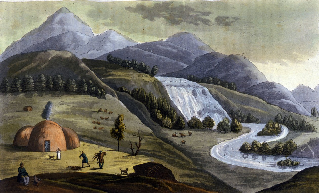 Landskap i Lappland (territorier som tillhör Norge, Sverige, Finland och Ryssland), bostäder för ursprungsbefolkningen (samer) i "" Den gamla och moderna kostymen"" av Ferrario, red. Milano av Giulio Ferrario
