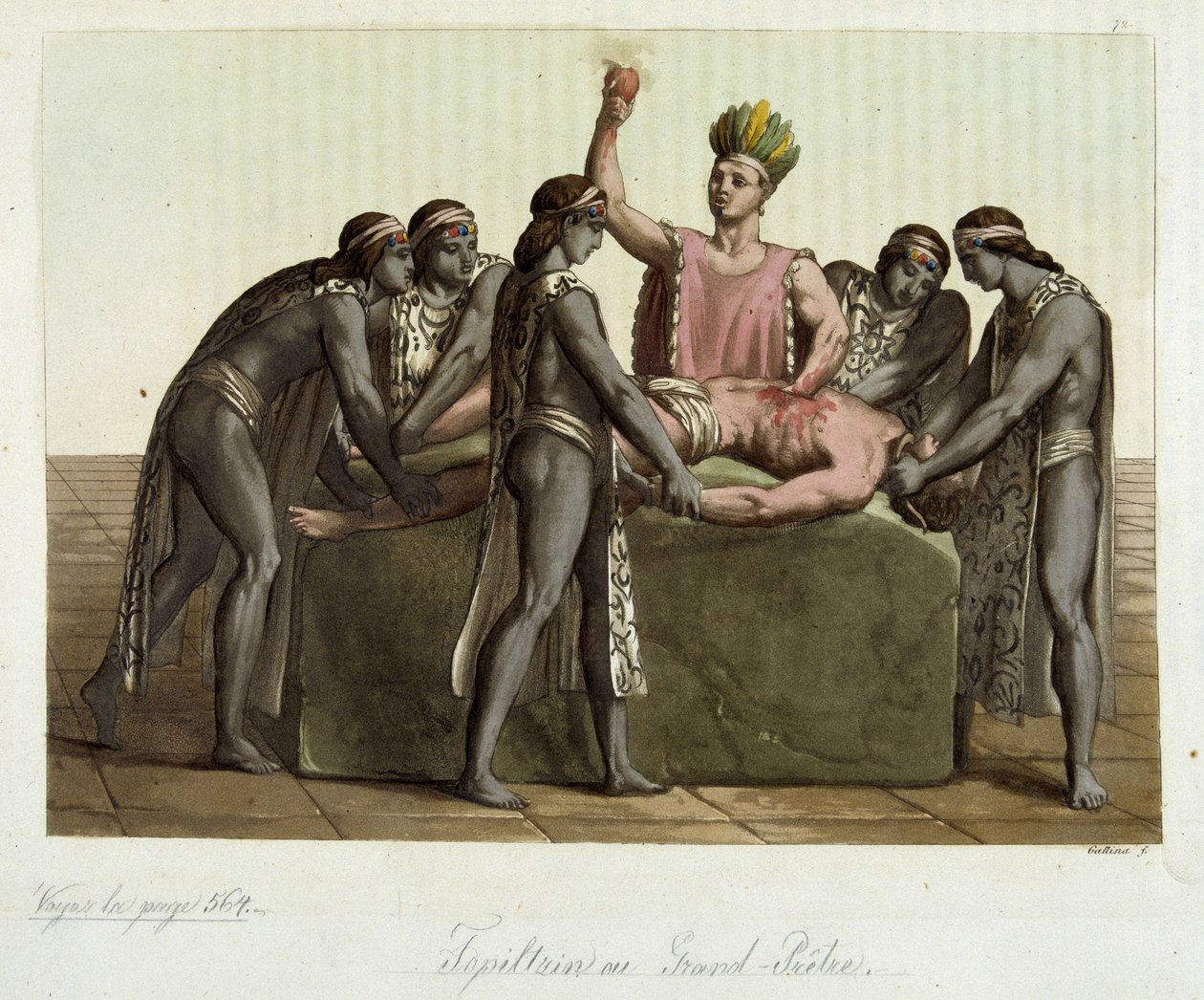Topiltzin (överstepräst i forntida mexikanska civilisationer) gör ett människooffer - i "" Den antika och moderna kostymen"" av Jules Ferrario av Giulio Ferrario