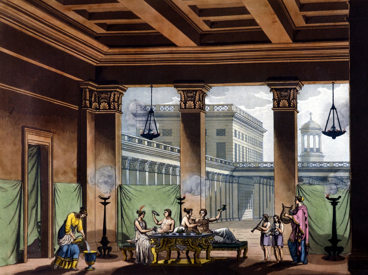 Triclinium tända oljelampor i antikens Grekland: bankettscen - i Den gamla och moderna kostymen av Jules Ferrario, ed. Milano av Giulio Ferrario