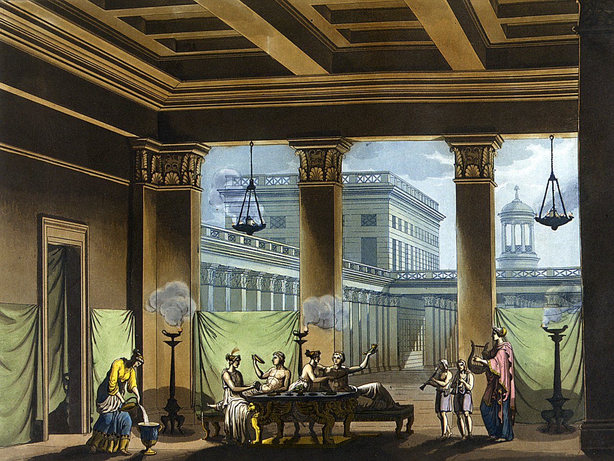 Triclinium upplyst med oljelampor i antikens Grekland: bankettscen - i "" Den gamla och moderna kostymen""" av Jules Ferrario, red. Milano av Giulio Ferrario