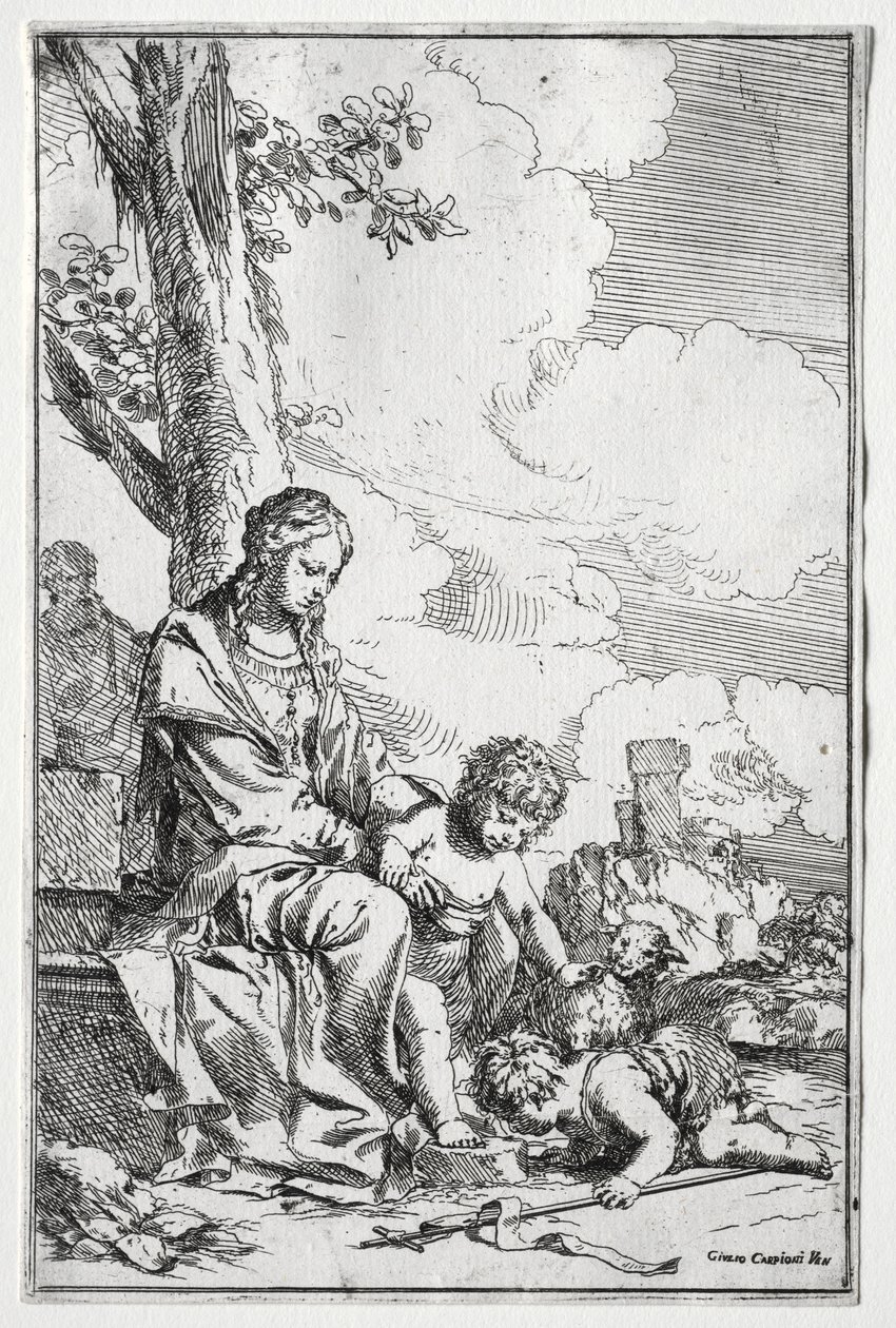 Helig familj med spädbarnet St. John. av Giulio I Carpioni