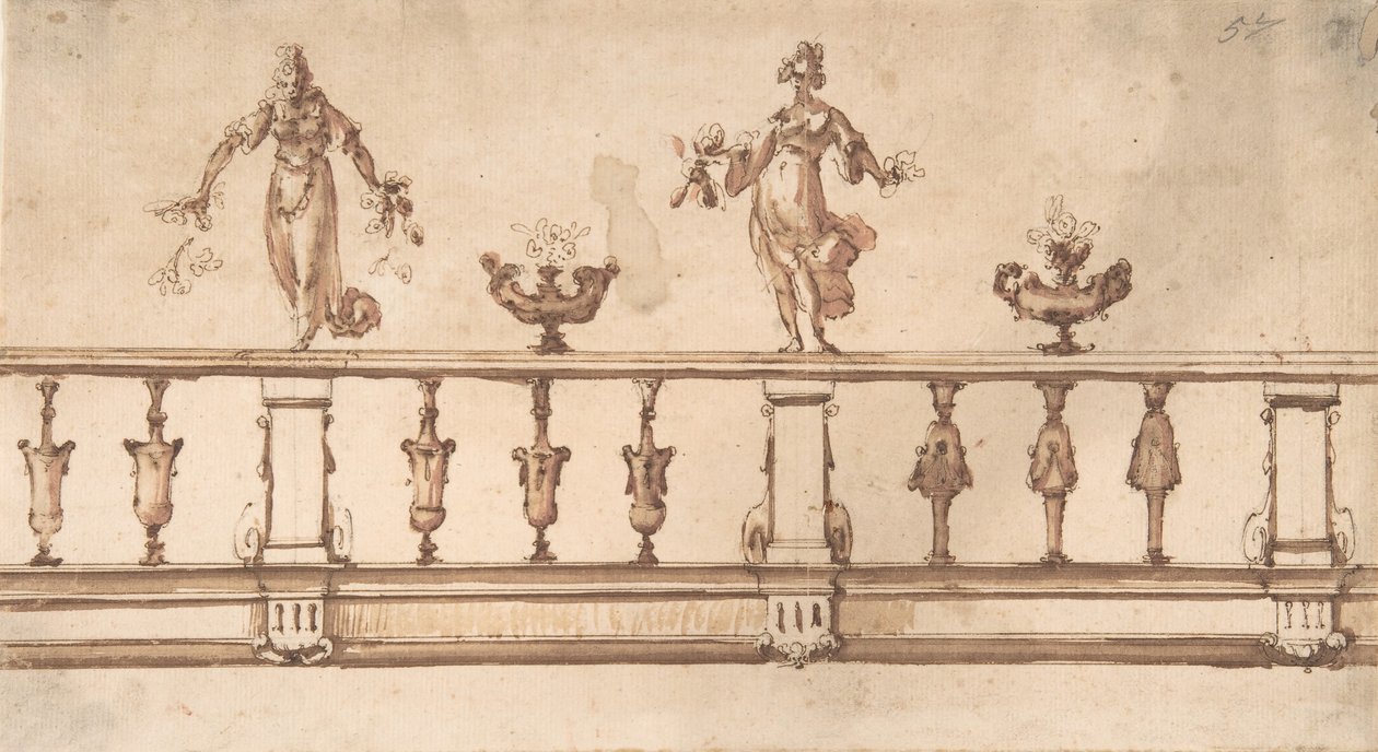 Design för en balustrad med kvinnofigurer och urnor, 1500-1600-talet. av Giulio Parigi