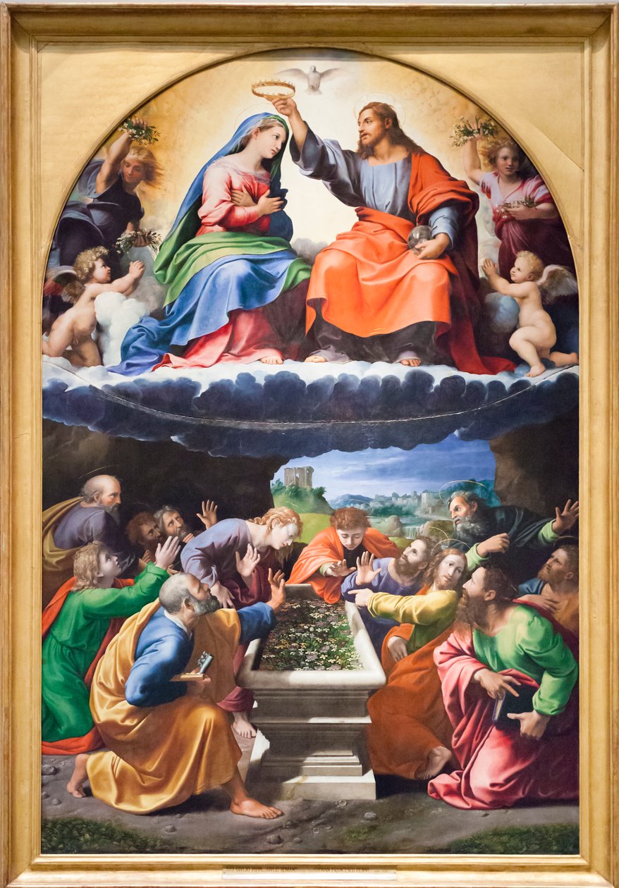 Jungfruns kröning, eller madonnan från Monteluce, ca 1525 (olja på trä) av Giulio & Penni Giovanni Francesco (il Fattore) (c.1488 1528) Romano