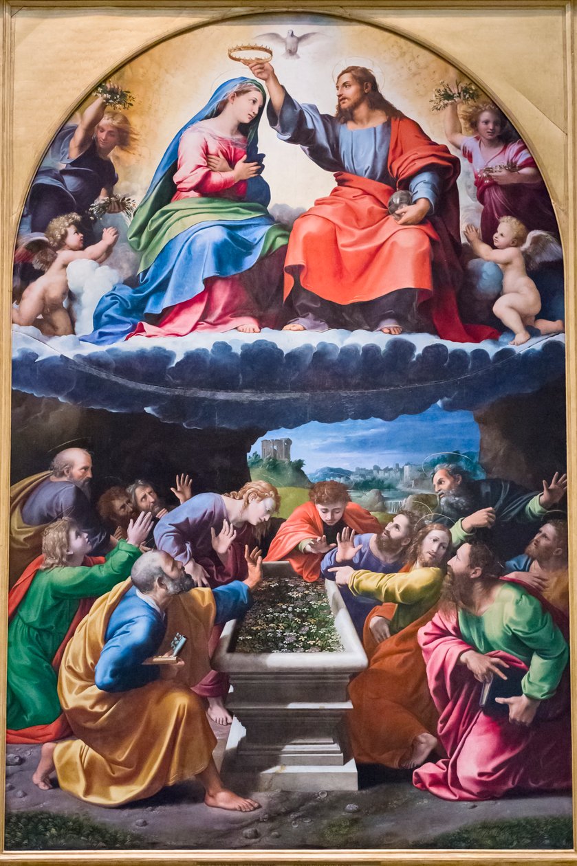 Jungfruns kröning, "Madonna av Monteluce" 1505-25 (olja på trä) av Giulio & Penni Giovanni Francesco (il Fattore) (c.1488 1528) Romano