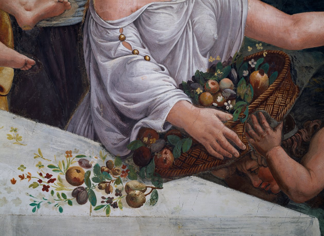 En korg med frukt och blommor, detalj av den rustika banketten som firar Amors och Psyches bröllop från Sala di Amore e Psiche, 1528 freskdetalj av 78427 av Giulio Romano