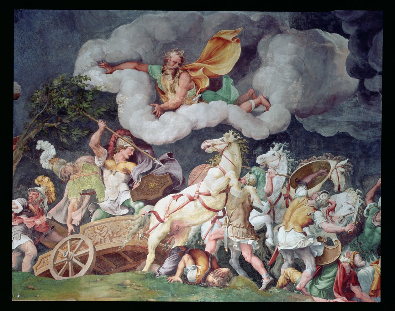 Akilles släpar Hektors kropp runt på sin vagn, detalj från taket i Sala di Troia, ca 1538 av Giulio Romano