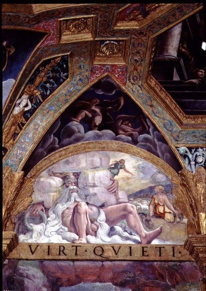 Antropomorf figur av en flod som en gammal man med ett flödande vitt skägg, i bakgrunden Psyche ägnade sig åt sin prövning av Venus att stjäla ull från ett fårfleece, lunette och spandrel från Sala di Amore e Psiche av Giulio Romano
