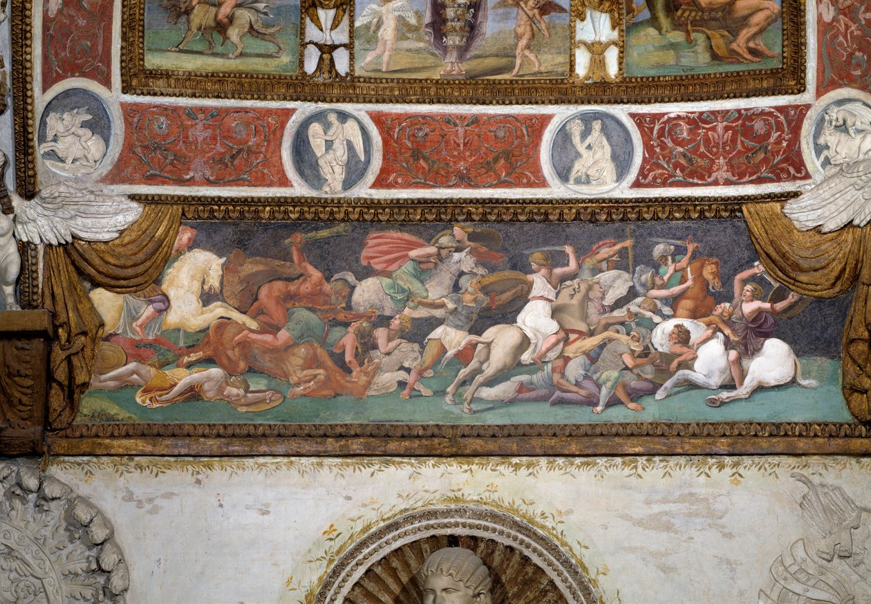 Camera delle Aquile, detalj av frisen som skildrar striden mellan grekerna och amasonerna, fresk från 1528 av Giulio Romano