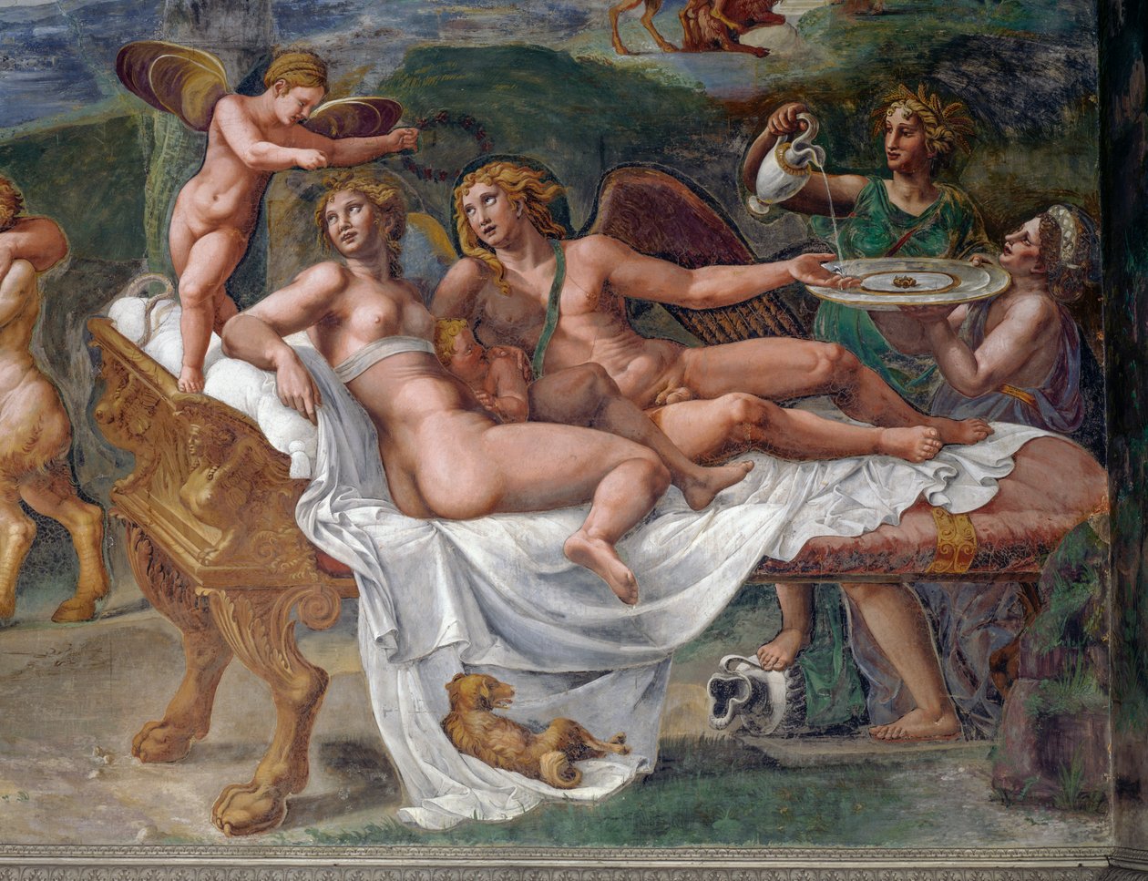 Amor och psyke med dottern Voluptas (nöje) liggande på sängen, detalj från bröllopsfest eller gudarnas bankett, fresk av Giulio Romano (1499-1546), Palazzo Te, Mantua (UNESCOs världsarvslista, 2008), Lombardiet, Italien av Giulio Romano