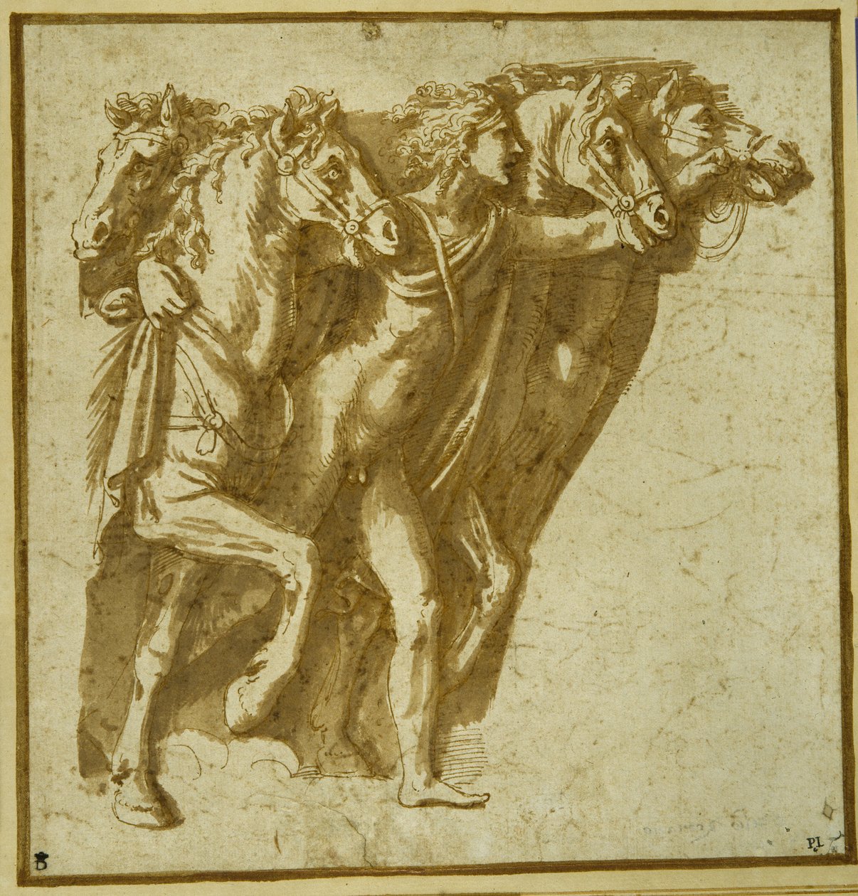 Dawn: Apollo with the Horses of the Sun (penna & brunt bläck med tvätt på papper) av Giulio Romano