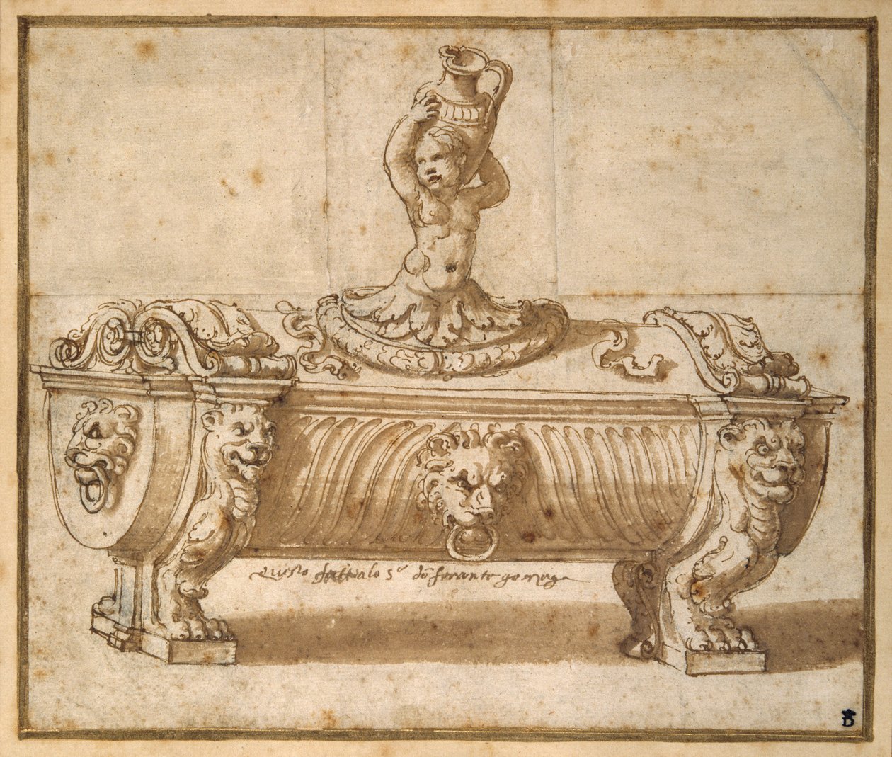 Design för en sötkartong (penna & brunt bläck med tvätt på papper) av Giulio Romano