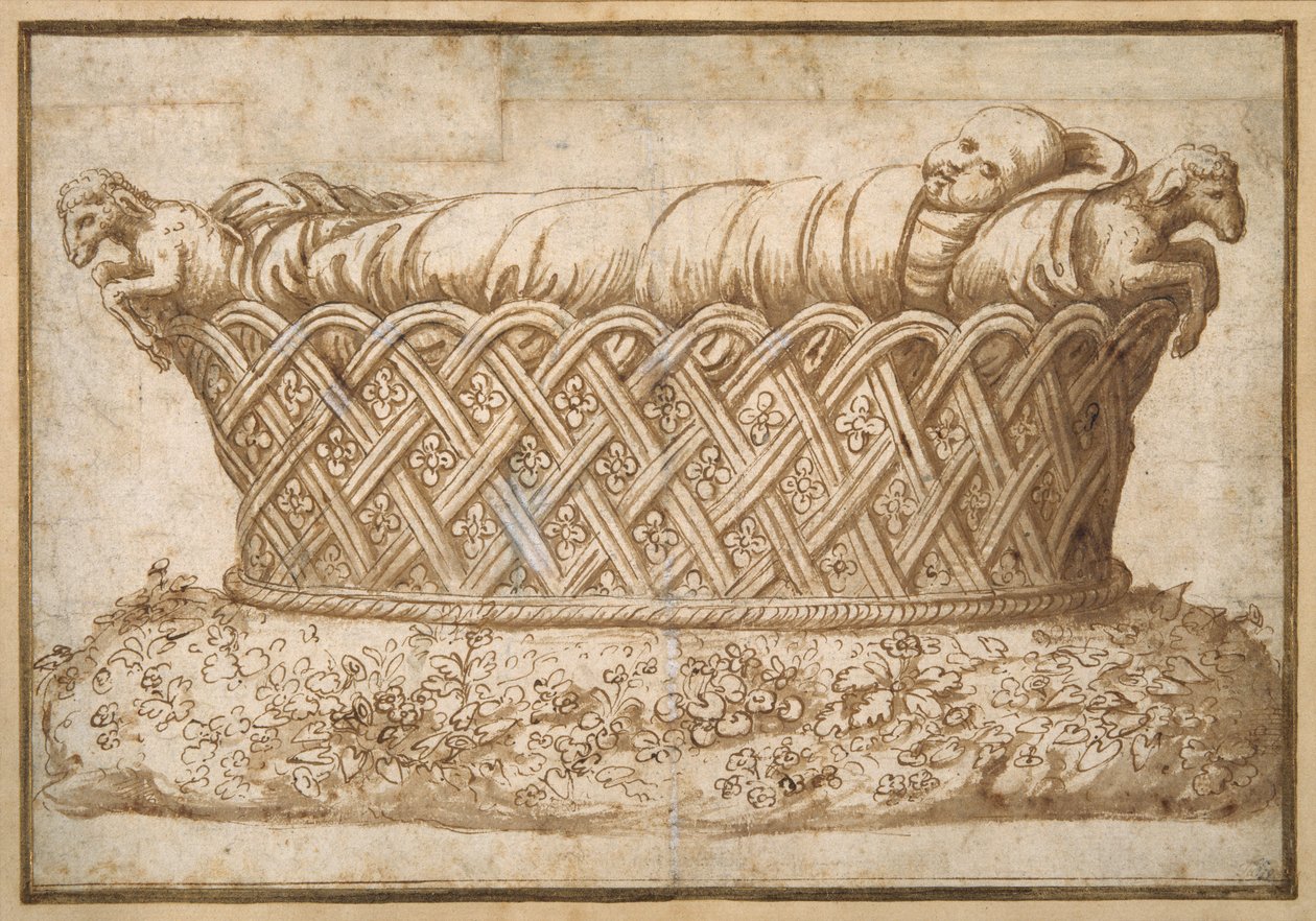 Design för ett spädbarns grav (penna & brunt bläck med brun tvätt på papper) av Giulio Romano