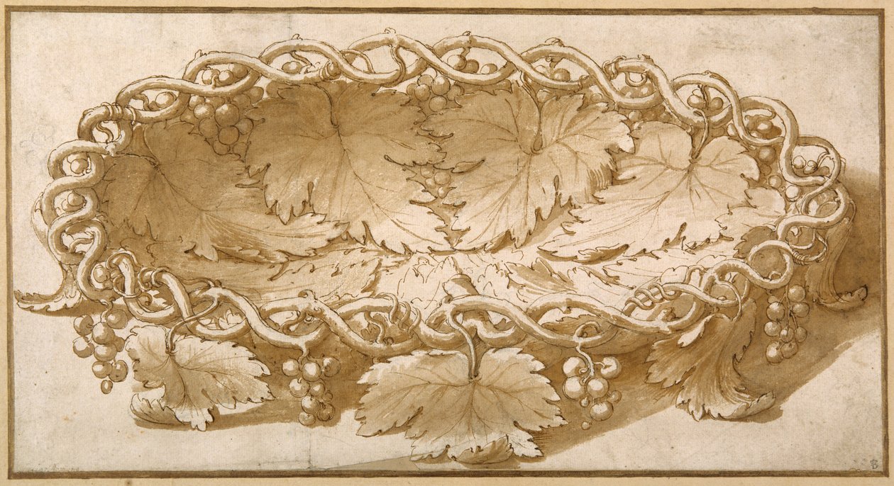 Design för en oval fruktskål, med vinrankor, löv och vindruvor (penna & brunt bläck med brun tvätt på papper) av Giulio Romano