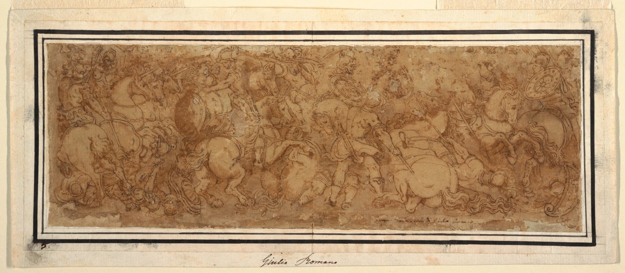 Teckning, slagfältsscen, 1524-46 av Giulio Romano