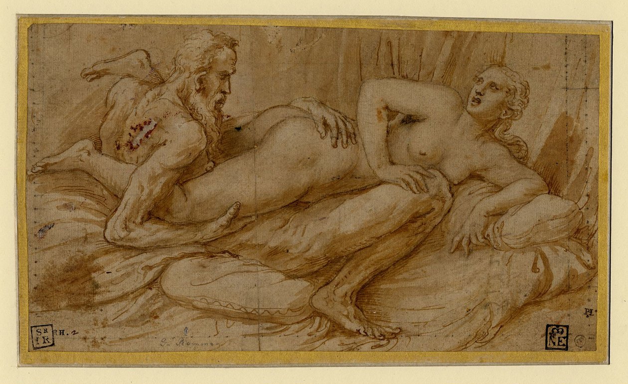 Erotisk scen av Romano, Giulio (1499-1546), efter 1524 - Penna, pensel, brunt indiskt bläck, vit färg, svart krita på papper av Giulio Romano