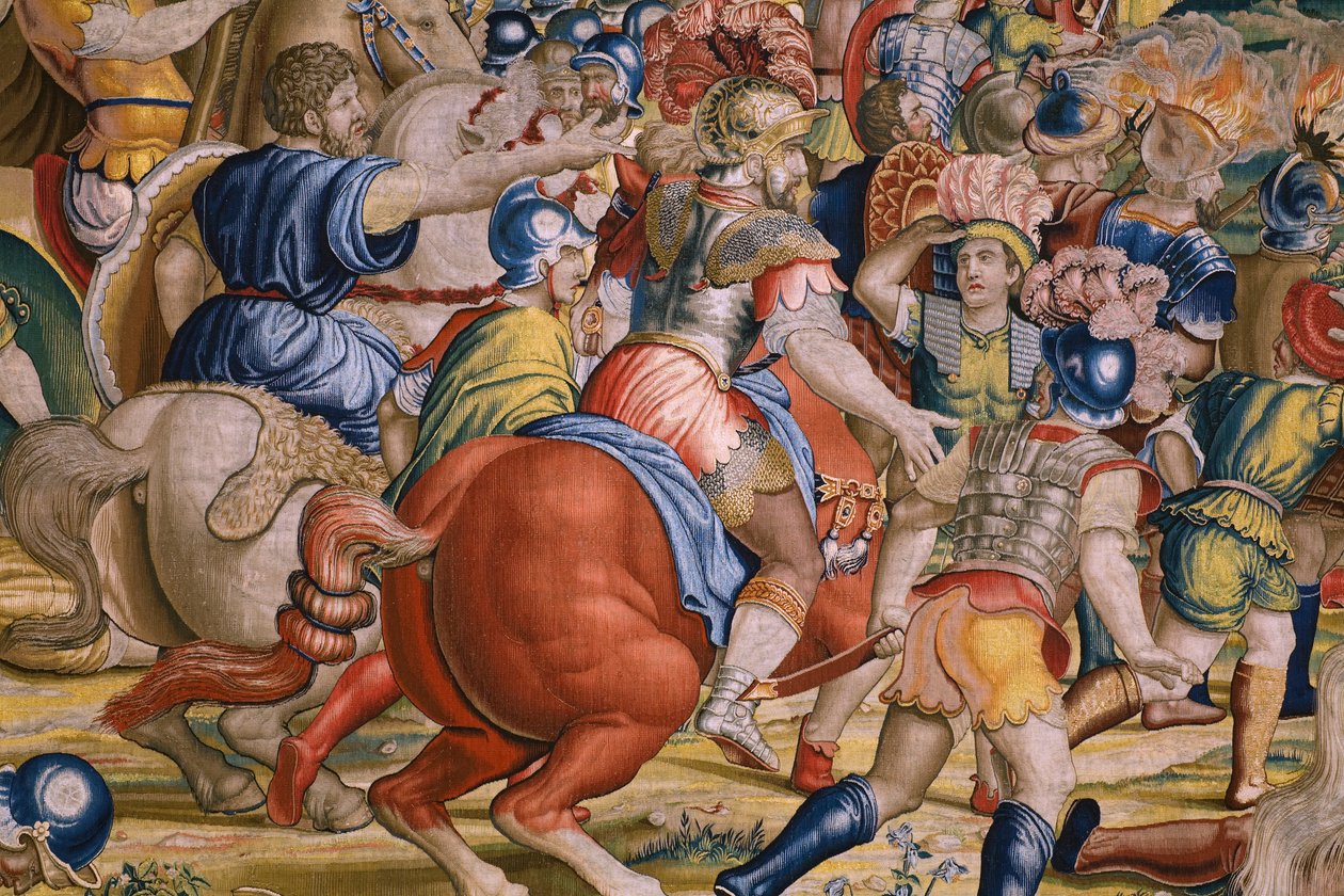 flamländsk gobeläng. Serien The Acts of Scipio: Slaget vid Zama. Serietecknaren Giulio Romano. Atelier av Balthasar van Vlierden (?), Bryssel. 1523-1532. Detalj. av Giulio Romano