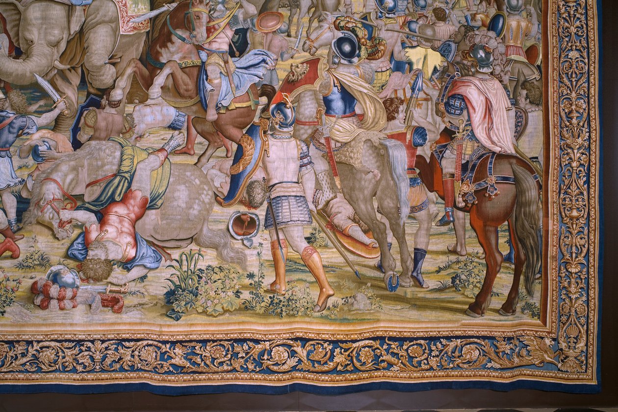 flamländsk gobeläng. Serien The Acts of Scipio: Slaget vid Zama. Serietecknaren Giulio Romano. Atelier av Balthasar van Vlierden (?), Bryssel. 1523-1532. Detalj. av Giulio Romano