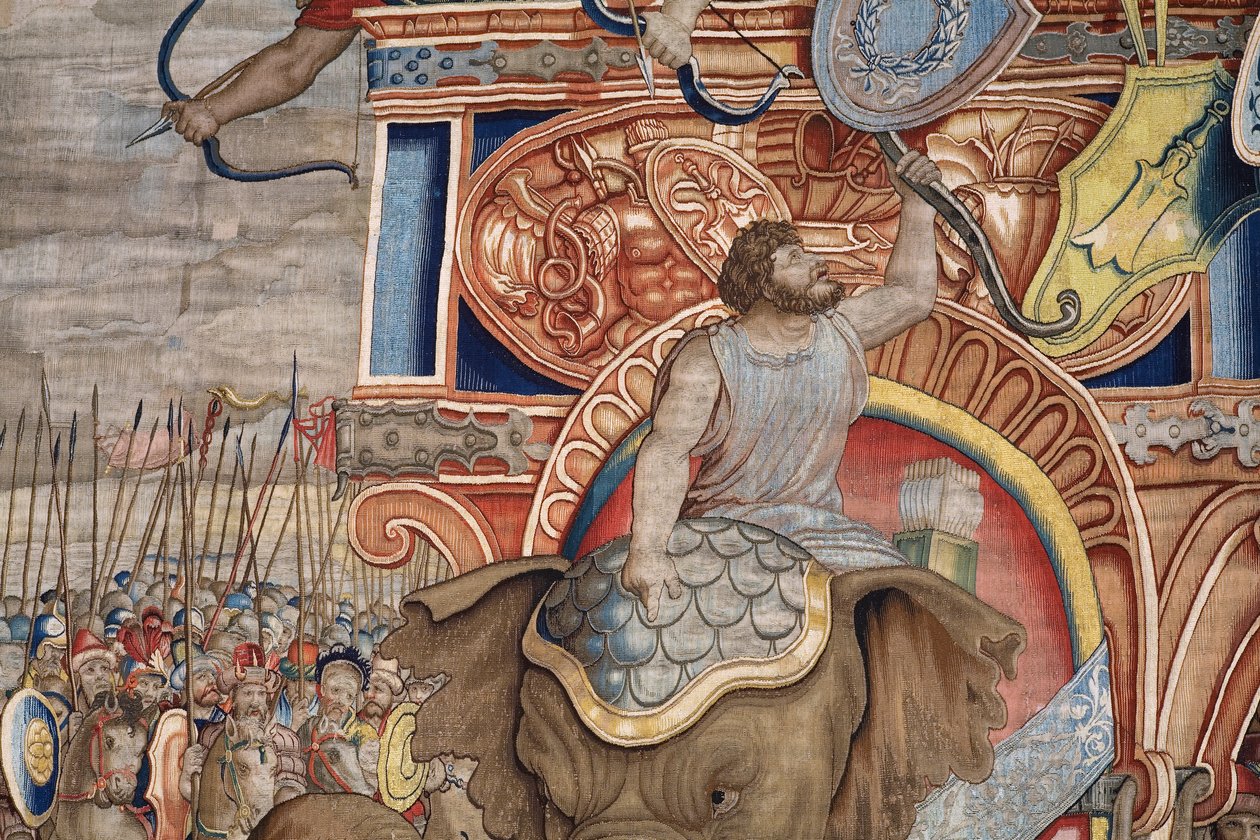 flamländsk gobeläng. Serien The Acts of Scipio. Slaget vid Zama. Serietecknaren Giulio Romano. Atelier av Balthasar van Vlierden (?), Bryssel. 1523-1532. Detalj. av Giulio Romano