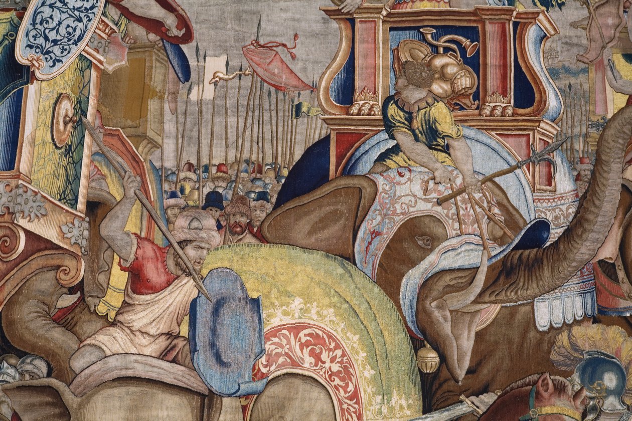 flamländsk gobeläng. Serien The Acts of Scipio. Slaget vid Zama. Serietecknaren Giulio Romano. Atelier av Balthasar van Vlierden (?), Bryssel. 1523-1532. Detalj. av Giulio Romano