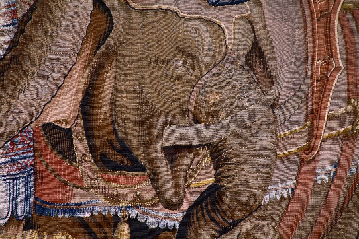 flamländsk gobeläng. Serien The Acts of Scipio: Slaget vid Zama. Serietecknaren Giulio Romano. Atelier av Balthasar van Vlierden (?), Bryssel. 1523-1532. Detalj. av Giulio Romano