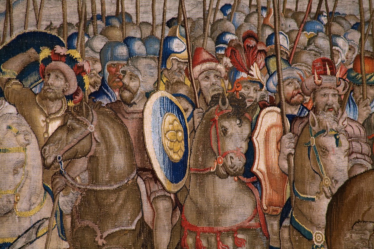 flamländsk gobeläng. Serien The Acts of Scipio: Slaget vid Zama. Serietecknaren Giulio Romano. Atelier av Balthasar van Vlierden (?), Bryssel. 1523-1532. Detalj. av Giulio Romano