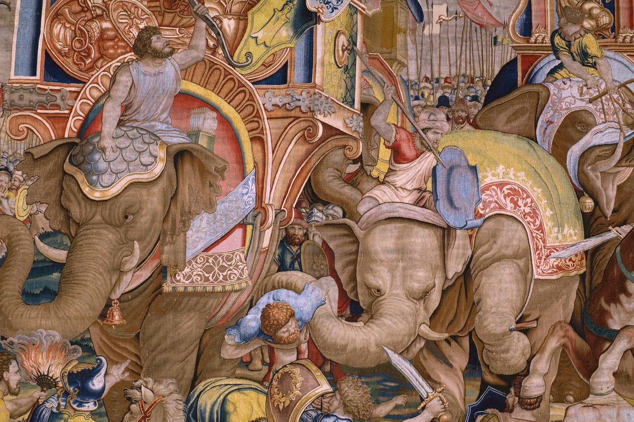 flamländsk gobeläng. Serien The Acts of Scipio: Slaget vid Zama. Serietecknaren Giulio Romano. Atelier av Balthasar van Vlierden (?), Bryssel. 1523-1532. Detalj. av Giulio Romano