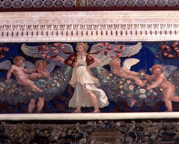 Fris från "Camera con Fregio di Amorini" (Amorfrisens kammare) detalj av en ängel omgiven av amoriner som äter frukt av Giulio Romano