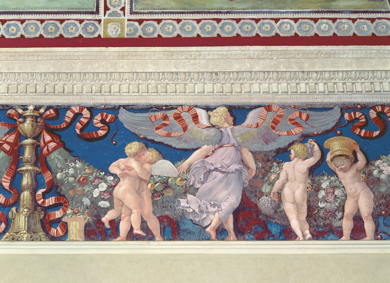 Fris från Camera con Fregio di Amorini Amors kammare Frisdetalj av amorbrottning, fresk från 1520-talet av Giulio Romano